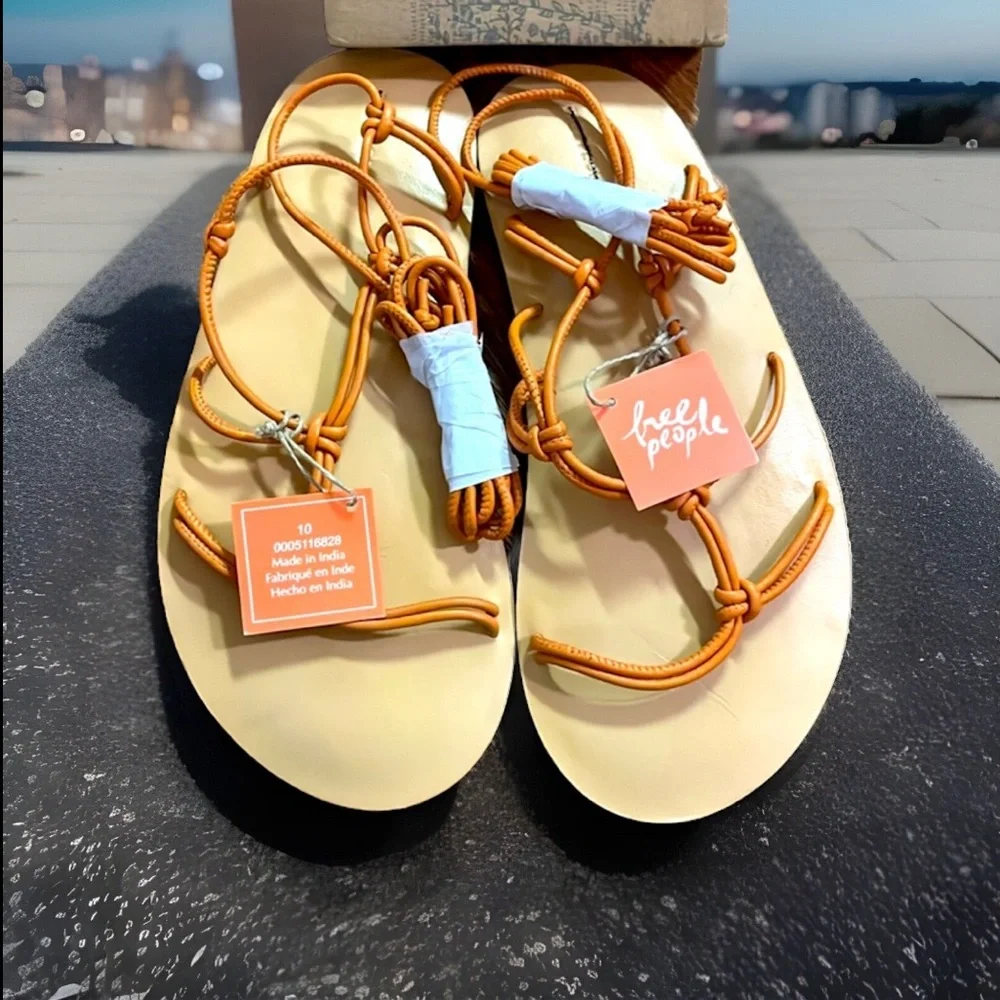 FREE PEOPLE So Strappy Sandals N Sunset Orange Leather Liner & Cord Straps